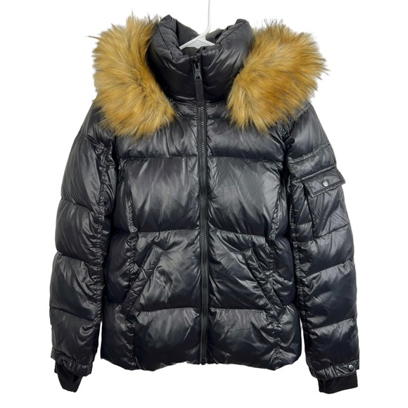S13 Womens Kylie Down Puffer Jacket with Faux Fur Hood Black